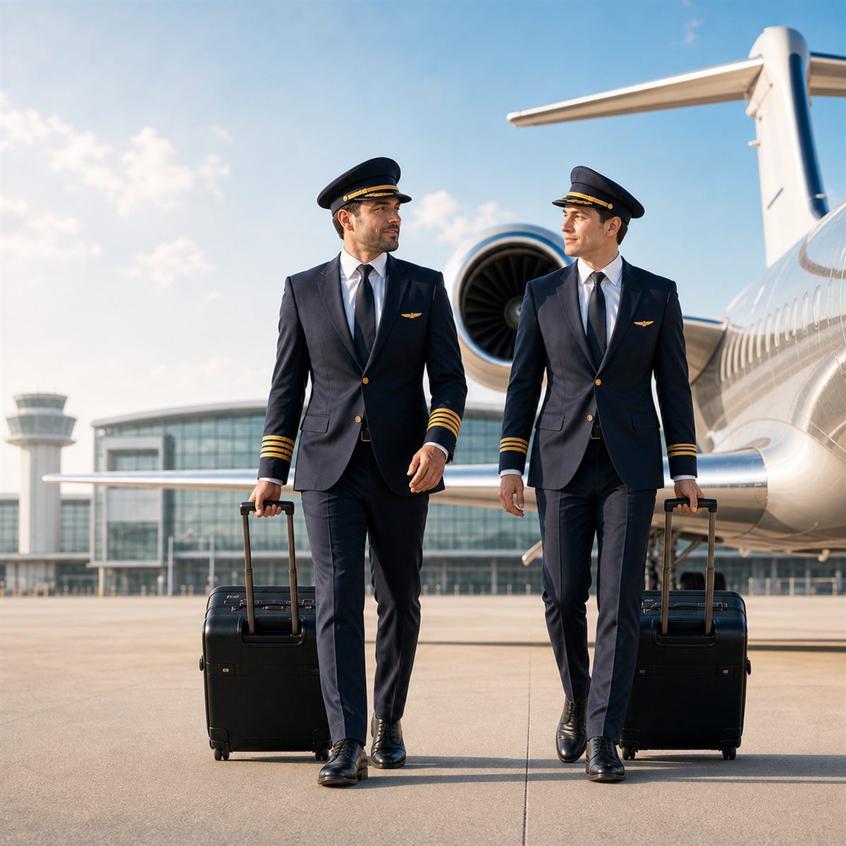 Airline pilots walking across the apron at the terminal